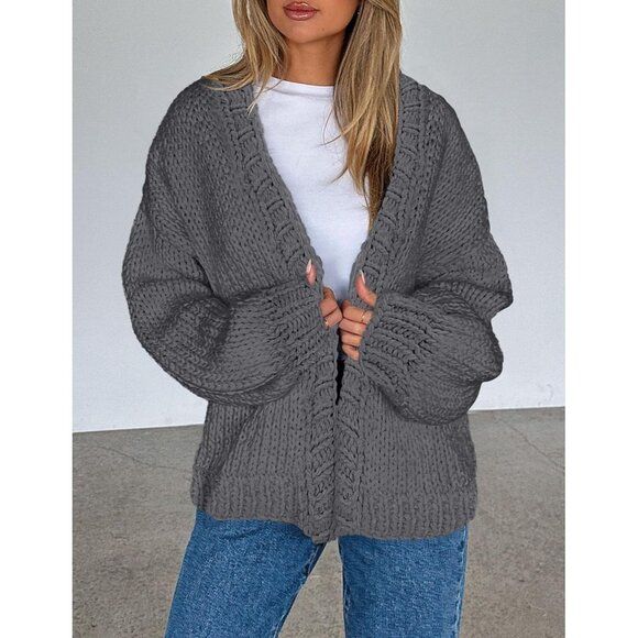 Womens Trendy Cardigan Sweaters Dark Grey Long Sleeve Chunky Knit Outfits - Picture 6 of 8